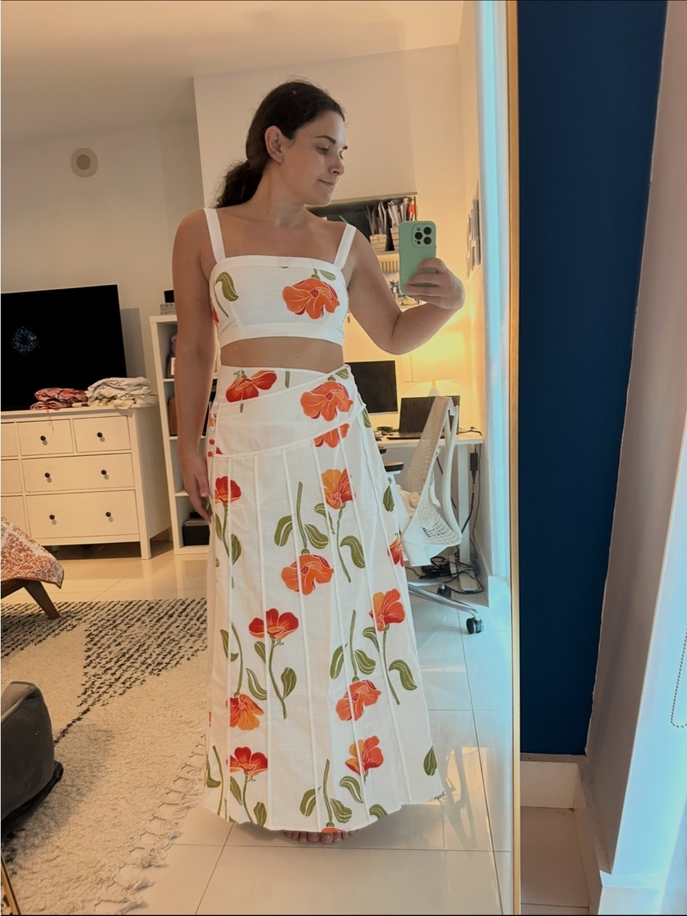 Sabo Skirt Set White Maxi Skirt with Orange Floral Print and top